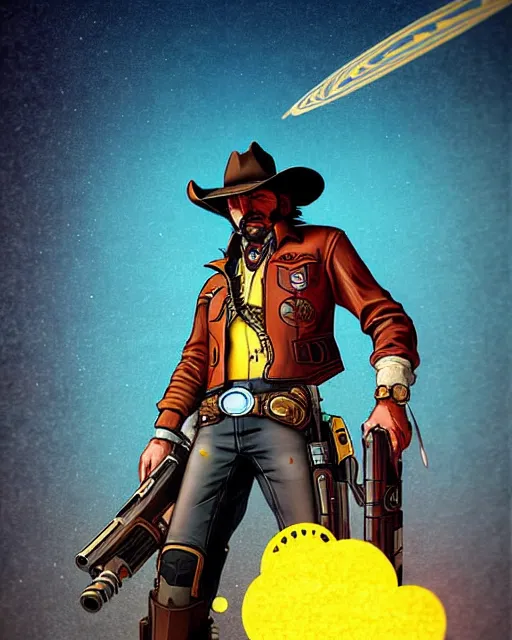 Image similar to mccree from overwatch, poncho blowing in the wind, space cowboy, character portrait, portrait, close up, concept art, intricate details, highly detailed, vintage sci - fi poster, retro future, vintage sci - fi art, in the style of chris foss, rodger dean, moebius, michael whelan, and gustave dore