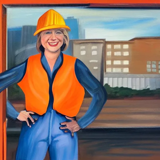 Prompt: stylized oil painting of hillary clinton as a construction worker, wearing an orange safety vest