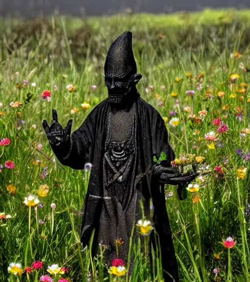 Image similar to mystical black death god figure standing in tall meadow of flowers, film photo, grainy, high detail, high resolution