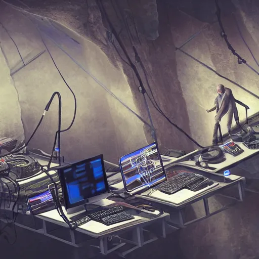 Image similar to two computers in a cave, piles of modular synth cables, two silhouettes of men working by a bright computer screen, by cameron gray, wlop, stanley kubrick, masamune, hideki anno, unique perspective, trending on artstation, 3 d render, smooth render