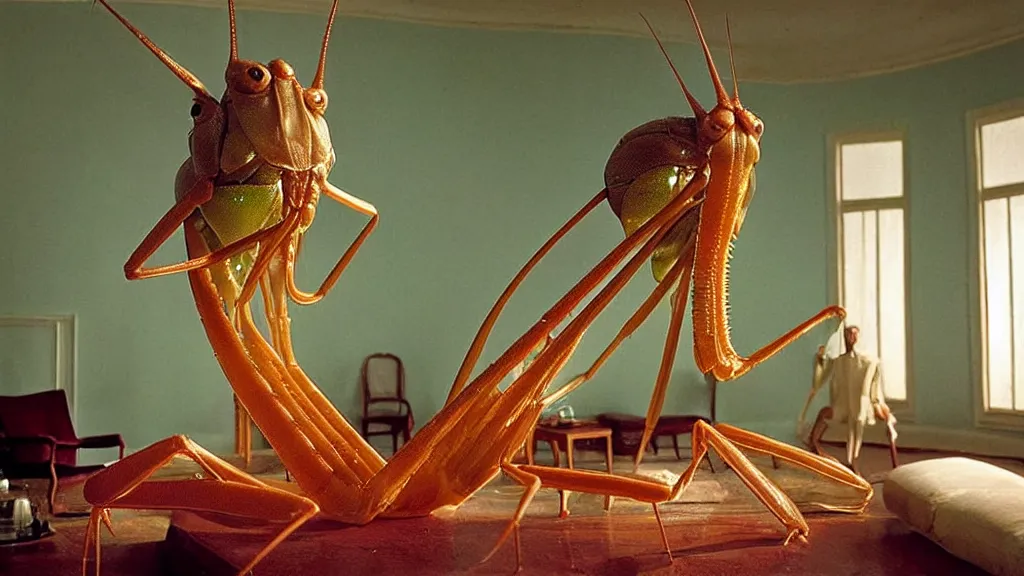 Image similar to the giant praying mantis head in the living room made of wax and water, film still from the movie directed by Wes Anderson with art direction by Salvador Dalí, wide lens