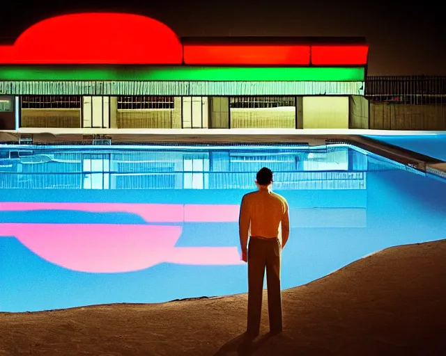 Image similar to photo of a man standing next to a swimming pool outside a motel with a neon sign in the desert at night, cinematic, in the style of edward hopper