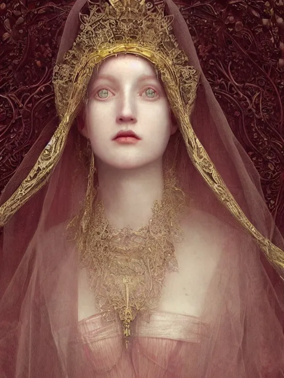 Image similar to a beautiful render of a catholic veiled red queen with symmetry intricate detailed ,pray,by Andrei Riabovitchev,Enchanted doll,Lawrence Alma-Tadema,aaron horkey,Billelis,trending on pinterest,hyperreal,feminine,golden ratio,cinematic lighting