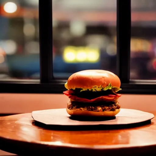 Prompt: a hamburger sitting on a table in a dimly - lit mcdonalds by the window, blue hour