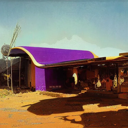 Prompt: painting of syd mead artlilery scifi organic shaped small shop with ornate metal work lands on an african farm, african ornaments, brutalist architecturevolumetric lights, purple sun, andreas achenbach