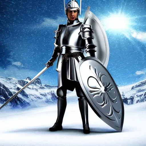 Image similar to paladin wearing silver amour with mirror finish, wielding a longsword that gleams like the sun. he is wearing a teutonic helmet, inside his eyes glow like the sun. background of snowy mountains. anime.