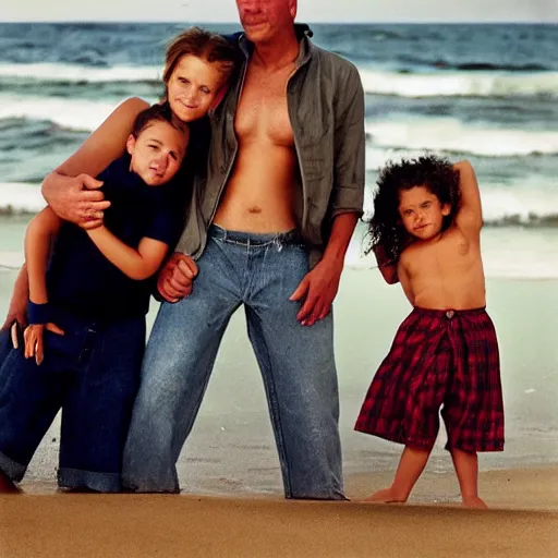 Prompt: portrait of a happy family at the beach fully - clothed, outdoor lighting, realistic, smooth face, perfect eyes, wide angle, sharp focus, high quality, professional photography, photo by annie leibovitz, mark mann, peter lindbergh