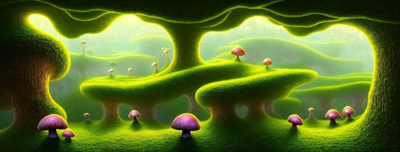 Image similar to gediminas pranckevicius beautiful and stunning professional digital artwork of a glowing mushroom cave, haze, spores floating in the air, vines, water, volumetric lighting, hyperrealistic, rtx on, ultra detail, barlowe wayne, maxfield parrish and marco mazzoni, miniature | no signature!