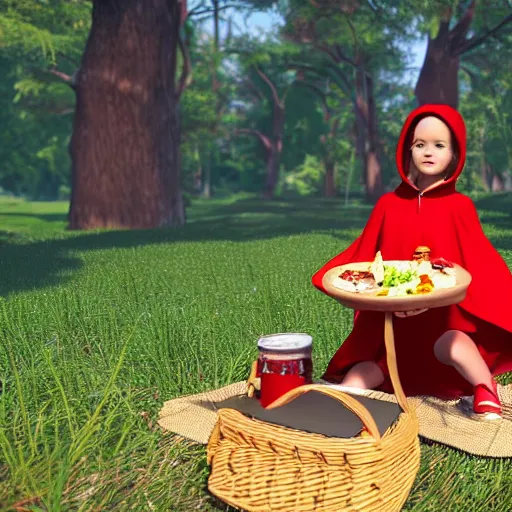 Prompt: a beautiful little girl in red hat cloak with a picnic basket rendered as an unreal engine