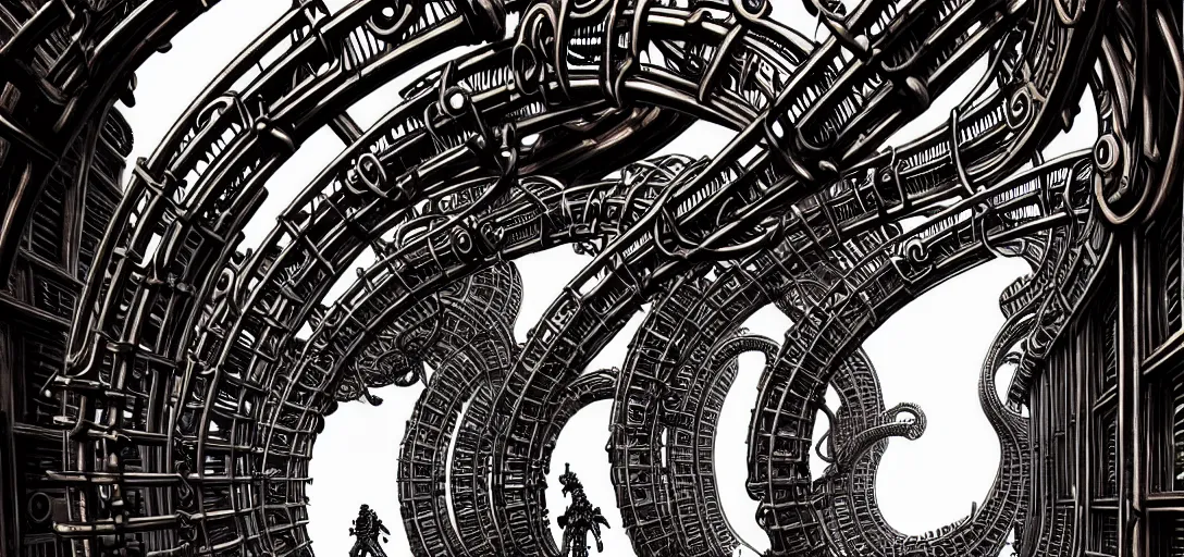 Image similar to a double helix dna cyberpunk steampunk carved archway, high details, lineart, by vincent di fate and joe fenton, inking, screen print, masterpiece, trending on artstation, sharp, high contrast, hyper - detailed, ultrawide, hd, 4 k, 8 k