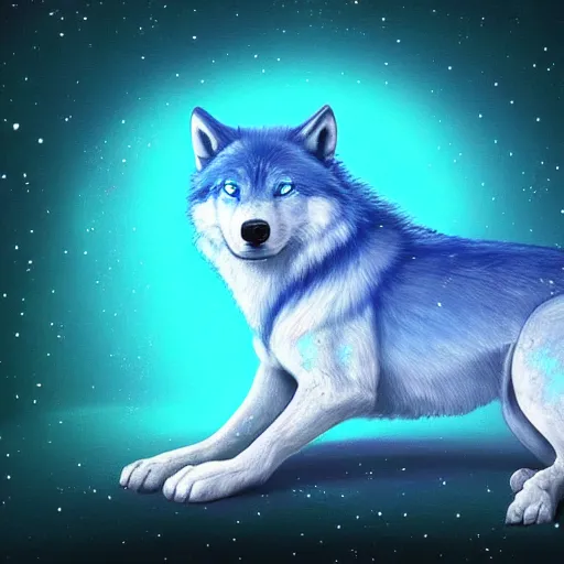 Image similar to A blue translucent wolf meditating in outer space, stars, artstation, digital art, spiritual, award winning, colourful