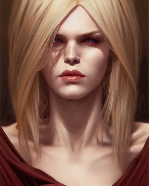 Image similar to portrait of a blonde vampire, dark, piercing eyes, gentle expression, elegant clothing, photorealistic, highly detailed, artstation, smooth, sharp focus, art by michael whelan, artgerm, greg rutkowski and alphonse mucha