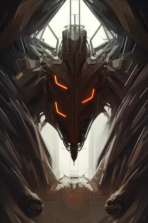 Image similar to professional concept art symmetrical portrait of a horrendous robotic fractal predatory species in a dark room by artgerm and greg rutkowski. an intricate, elegant, highly detailed digital painting, cubism, concept art, smooth, sharp focus, illustration, in the style of cam sykes.