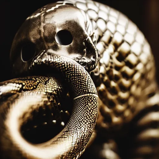 Prompt: giant and oversized coiled snake with a metallic skull as the head, room interior, dark fantasy, XF IQ4, f/1.4, ISO 200, 1/160s, 8K, RAW, unedited, symmetrical balance, in-frame