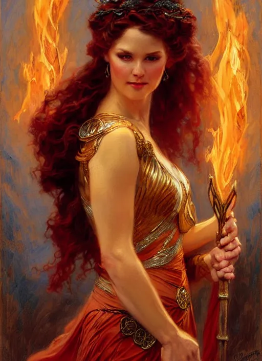 Image similar to young celtic woman, goddess of fire, flowing gown, smug expression, highly detailed painting by gaston bussiere, craig mullins, j. c. leyendecker 8 k, art nouveau