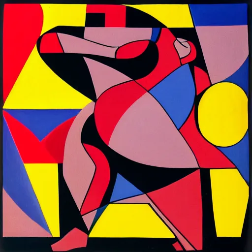 Image similar to beautiful sunset, fat woman dancing, cubism, red, yellow, orange, muted colors, geometric, texture