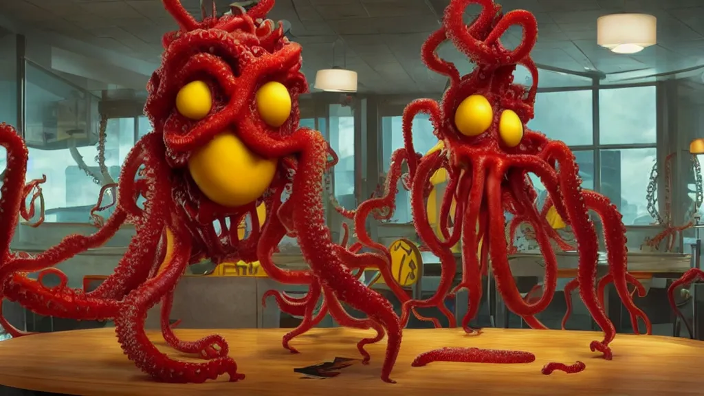 Image similar to ronald mcdonald, mixed with an eldritch horror monster, with mechanical tentacles, in a mcdonalds lobby, film still from the movie directed by denis villeneuve with art direction by salvador dali