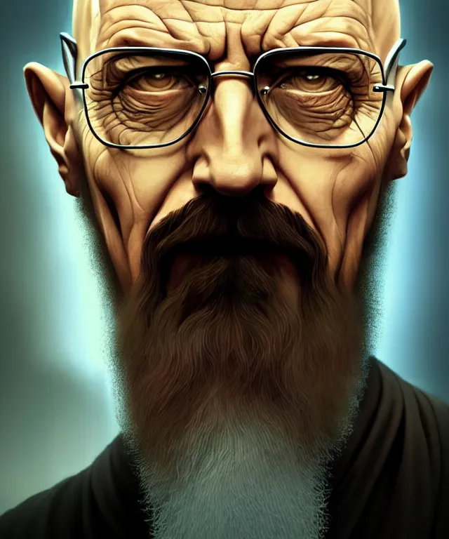 Image similar to portrait saruman as walter white heisenberg, caricature, headshot, highly detailed, digital painting, artstation, concept art, sharp focus, cinematic lighting, illustration, art by met mangindaan, artgerm and greg rutkowski, alphonse mucha, cgsociety