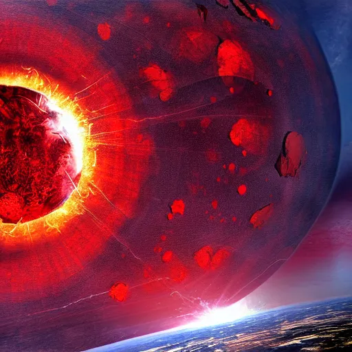 Prompt: red planetoid exploding, cracked, shattered, viewed from earth, digital art, high fantasy, extreme detail