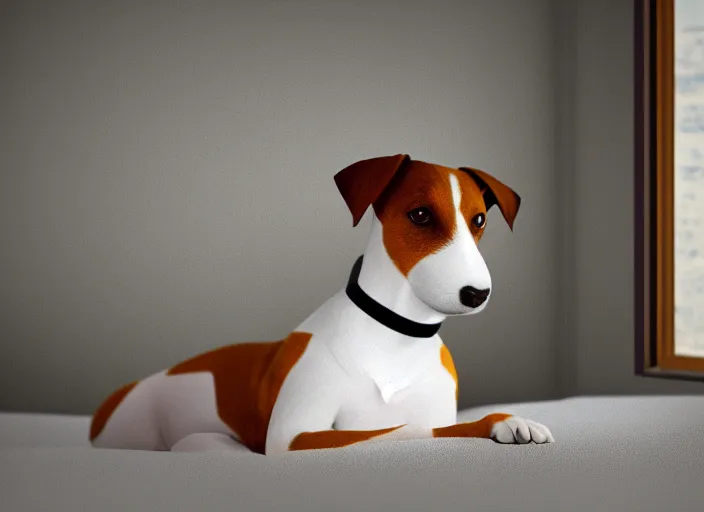 Image similar to photography of a Jack Russel . watching outside the window. on a bed. in a vintage room full of vinyls and posters.,volumetric light, photorealistic,, award winning photo, 100mm, sharp, high res