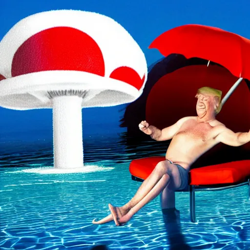 Prompt: trump pushing a big scary red button while lounging poolside with a cocktail, nuclear mushroom cloud in the background, highly detailed, high definition, ultra realistic