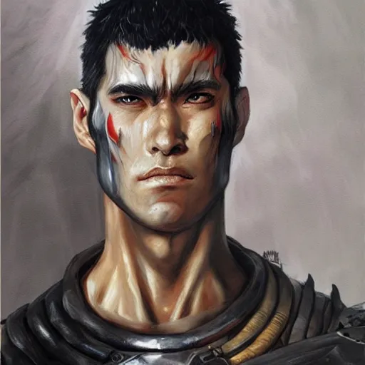 Image similar to oil painting portrait of guts from berserk extremely detailed, made by wlop and maxwell boas