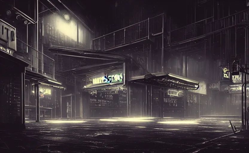 Prompt: highly detailed matte painting of a city street night club, bokeh, science fiction, grungy dystopia, plutocracy, futuristic noir, industrial steam, drones, mechs. environment art by john berkley and edward hopper concept art, volumetric - lighting - style atmosphere