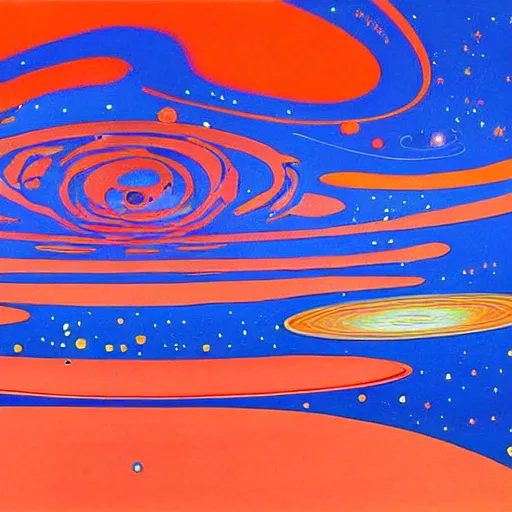 Image similar to Liminal space in outer space by Jean Giraud heavily influenced by Carlos Cruz-Diez and as a painting, there are two big planets on top of each other in the left side and more planets and stars in the background