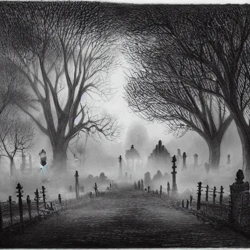 Image similar to an endless eerie graveyard with ancient tombstones, misty, thick strands of fog, catacomb in background, frame is flanked by dark trees, a shadowy ghostlike creature is visible, creepy, night, finely detailed extremely realistic black and white pencil drawing