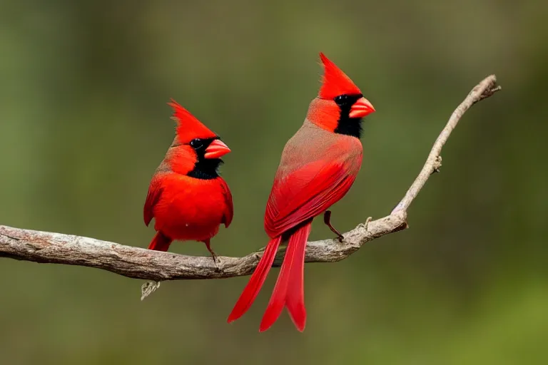 Prompt: a male Cardinal and a beautiful moth sit next to each other on a branch with a river in the background, bokeh