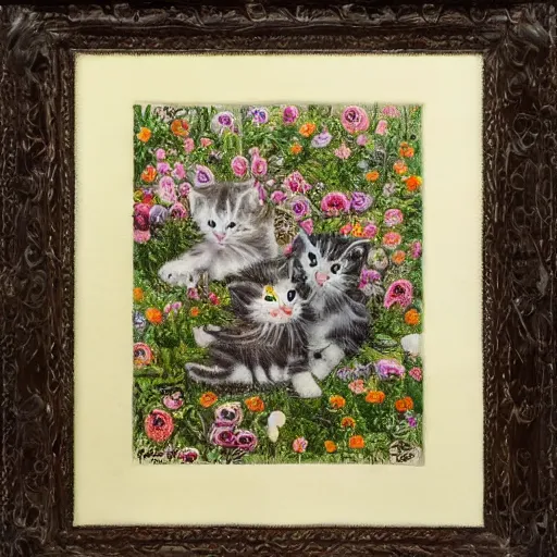 Prompt: kittens playing in a bed of flowers by H. R. Giger