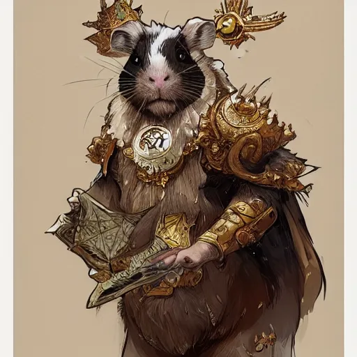 Image similar to A heraldic Prince Guinea Pig with big cute eyes, D&D, fantasy, intricate, cinematic lighting, highly detailed, digital painting, artstation, concept art, smooth, sharp focus, illustration, art by Akihiko Yoshida, Greg Rutkowski and Alphonse Mucha