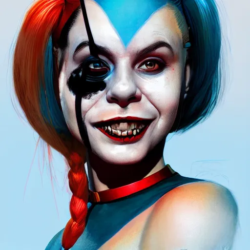 Image similar to Portrait of Harley Quinn but she's a beautiful ape kid with long pony tails on either side of her head, mayhem, illustration, by James Jean, artgerm, octane render, by John Coltrane and Marc Simonetti, Manic, inspired by Greg rutkowski, colorful, high detail of the face, full body