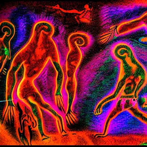 Prompt: psychedelic trip, paleolithic cave painting