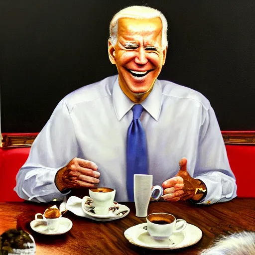 Prompt: a photorealistic oil painting of joe biden laugh in tea party with osama bin laden, justify content center, hyper realistic content, frontal hyperdetailed realistic content, sharp focus, intricate, baroque, delete duplicate content