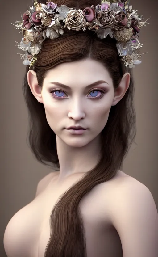 Prompt: complex 3 d render, ultra detailed, realistic portrait of a beautiful porcelain skin woman, face, wispy, wavy hair worn tied back in a messy bun, wearing filigree silver elven circlet, open brown eyes looking up, flowers in hair, brown eyeshadow, mauve lips, natural makeup, 8 5 mm lens, beautiful, studio portrait,