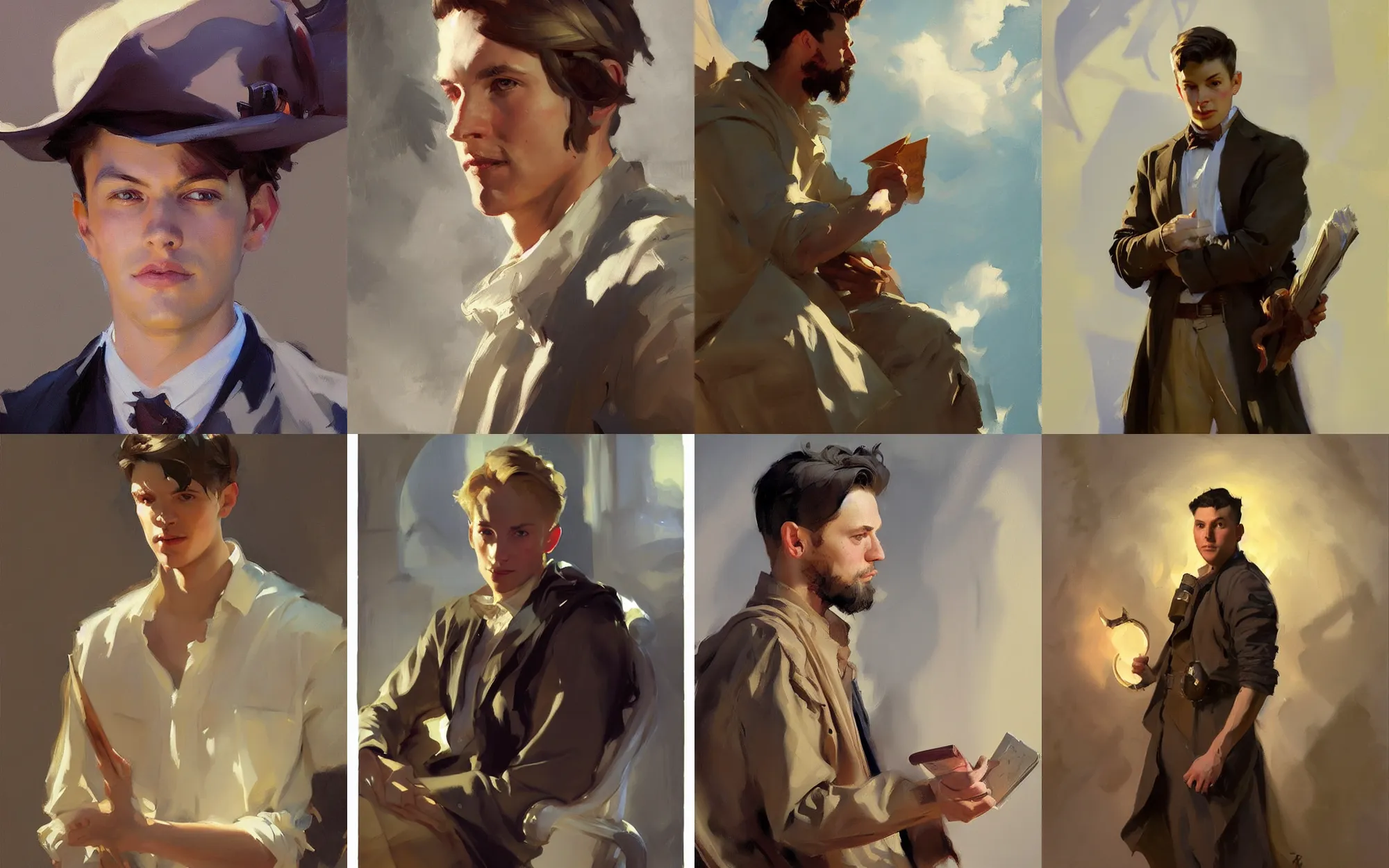 Image similar to portrait of young man traveler greg manchess painting by by sargent and leyendecker, d & d, fantasy, medium shot, asymmetrical, intricate, elegant, matte painting, illustration, hearthstone, by greg rutkowski, by greg tocchini, by james gilleard, by joe fenton