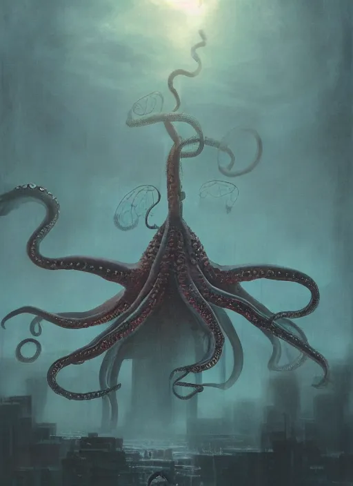 Prompt: octopus robot destroying manhattan, dramatic lighting, 4k, digital art, inspired by beksinski, lovecraft