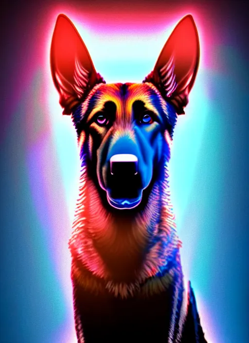 Image similar to symmetry!! product render poster vivid colors divine proportion german shepard hound floppy ears, scifi, glowing fog intricate, elegant, highly detailed, digital painting, artstation, concept art, smooth, sharp focus, illustration