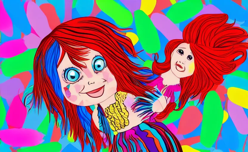 Image similar to little girl with eccentric red hair wearing a dress made of colorful feathers, cartoon art style