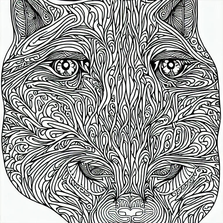 Prompt: beautiful cat's head, ornaments, fractal, line art, vector, outline, ink drawing, simplified, colouring page