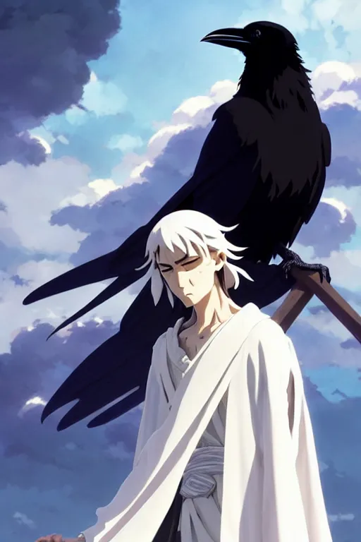 Prompt: raven headed warlock doing magic spells wind, white robes, finely detailed perfect anime face, exquisite details, mid view, design on a white background, by studio muti, greg rutkowski makoto shinkai takashi takeuchi studio ghibli