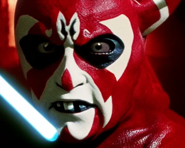 Prompt: Film still of Pikachu as Darth Maul from the movie Star Wars the phantom menace. Photographic, photography