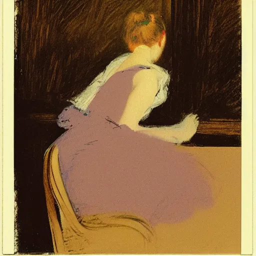 Prompt: a girl in a room, old polaroid by goya, by henri de toulouse - lautrec, elegant drawing, digital painting, jugendstil, strong lights, flat colors, pastel colors,