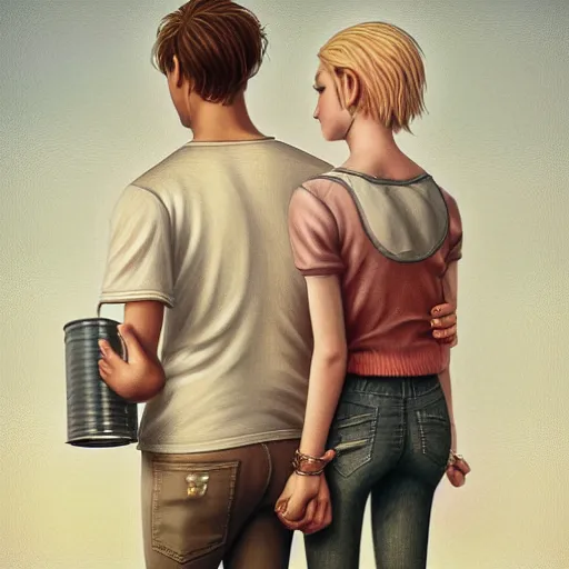 Image similar to a highly detailed portrait from behind of a young couple from the side, holding a tin can, remote icelandic village, summer, jeans and t shirt, blonde hair, muted colors, by tom bagshaw, trending on artstation,