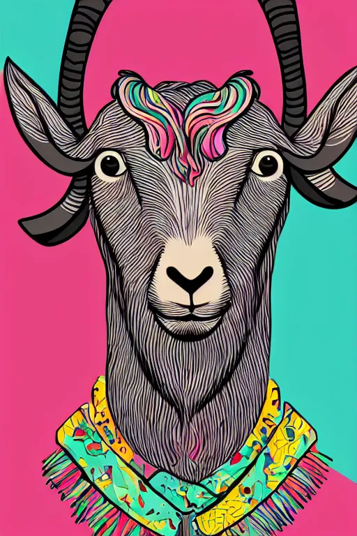 Prompt: portrait of a hipster goat, art by steve simpson, sticker, colorful, illustration, highly detailed, simple, smooth and clean vector curves, no jagged lines, vector art, smooth