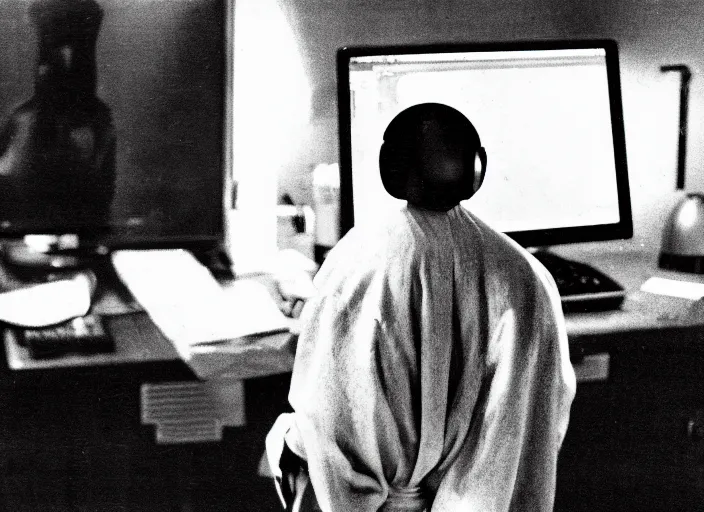 Prompt: over the shoulder shot of a robed illuminati cultist using a computer in a dark laboratory