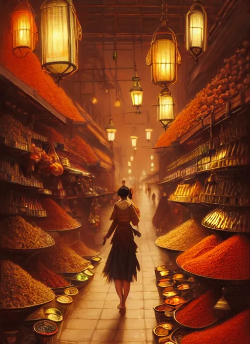 Image similar to a young woman shopping in a spice market at night, soft glow from lanterns, shiny, fantasy, intricate, elegant, hyper detailed, ultra definition, photoreal, artstation, unreal engine rendered, concept art, smooth, sharp focus, illustration, art by artgerm and greg rutkowski and alphonse mucha and garis edelweiss