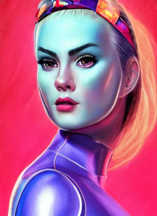 Image similar to gorgeous android woman facial portrait dressed in an aerobic outfit of the eighties with head band, retro, beautiful lights, vintage look, depth of field, hyper realistic, illustration, airbrush, 8 k, intricate, duo tone, art by david la chapelle and philip castle, artgerm
