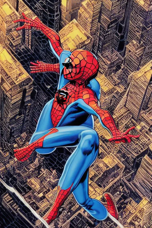 Image similar to tobey maguire in a spider - man suit, by yoichi hatakenaka, masamune shirow, josan gonzales and dan mumford, ayami kojima, takato yamamoto, barclay shaw, karol bak, yukito kishiro, highly detailed